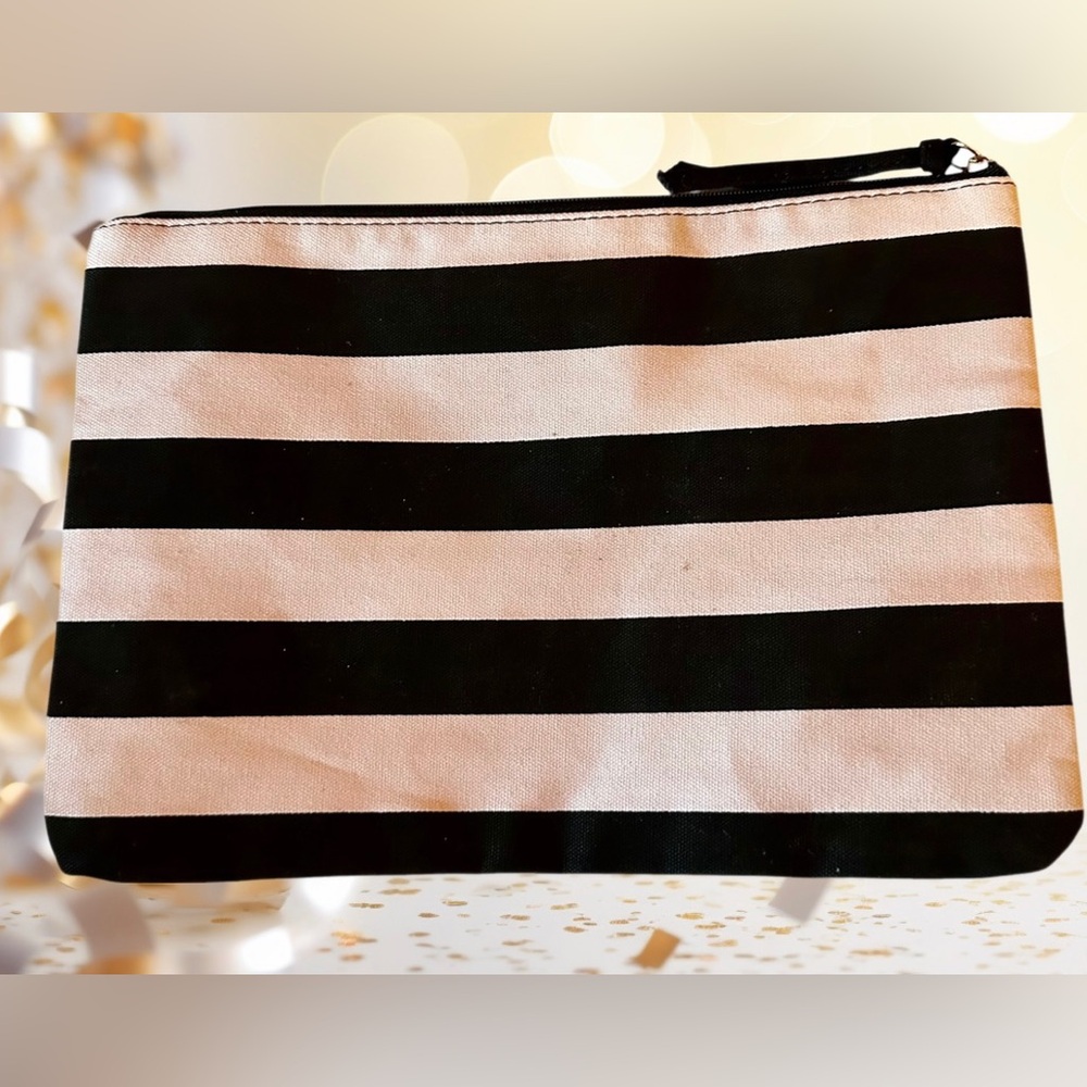 Victoria’s Secret Light Blush Pink & Black Striped Zip Top Cosmetic Pouch  NWOT - Picture 7 of 9